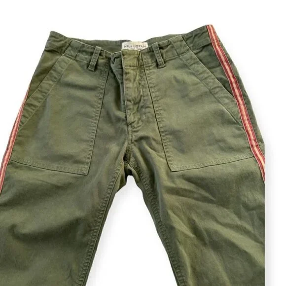 Nili‎ Lotan Jenna Pant With Side Tape, Camo Green with red tape, Size 0